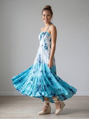 🌻NEW Tiare Hawaii Naia Maxi Dress Blue White Tie Dye Smocked Tiered Size OS